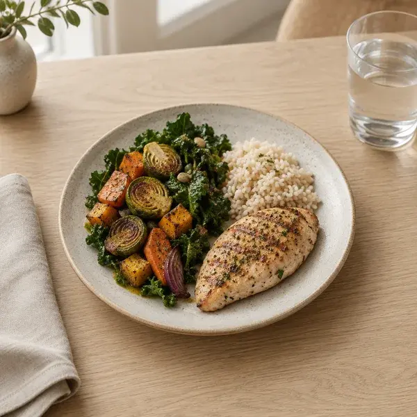 A moderate plate, half vegetables