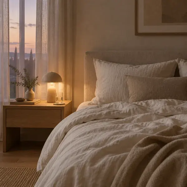 A made bed with a bedside lamp at dusk