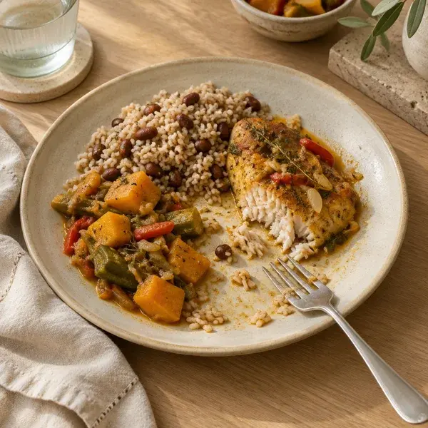 A half-finished home-cooked meal, the fork put down