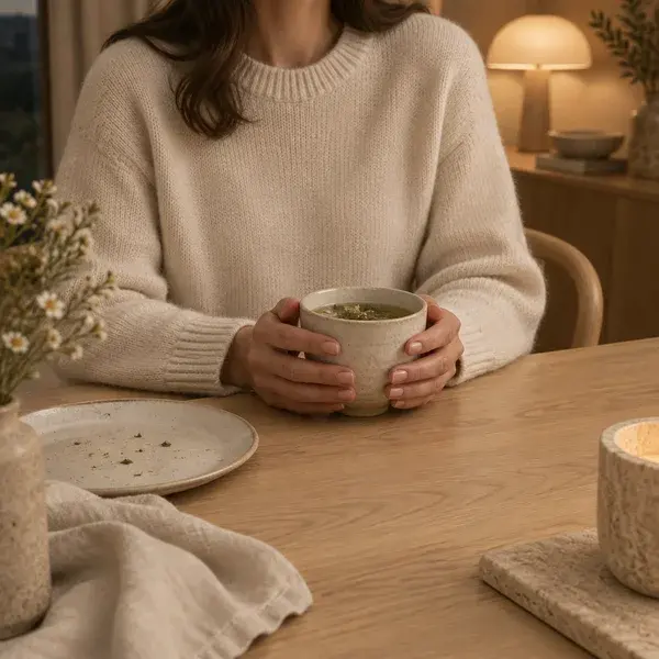 Sitting up at the table with a cup of tea after dinner