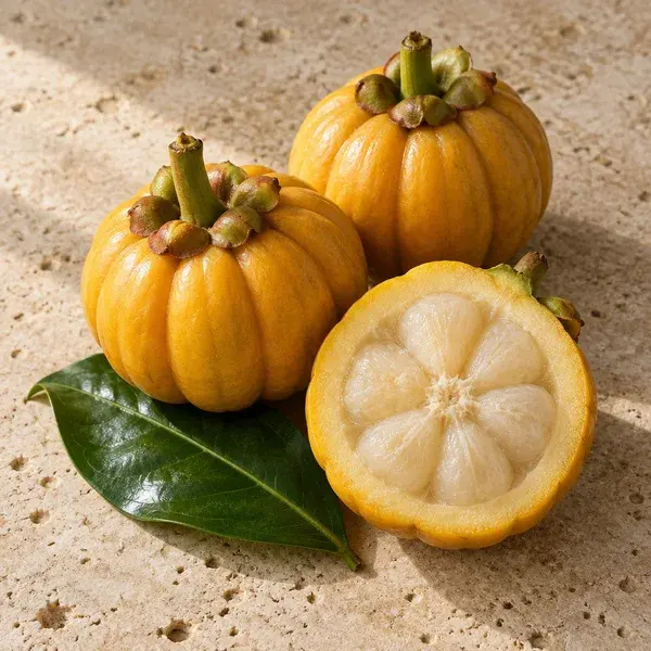 Ribbed yellow Garcinia cambogia fruits, one cut open