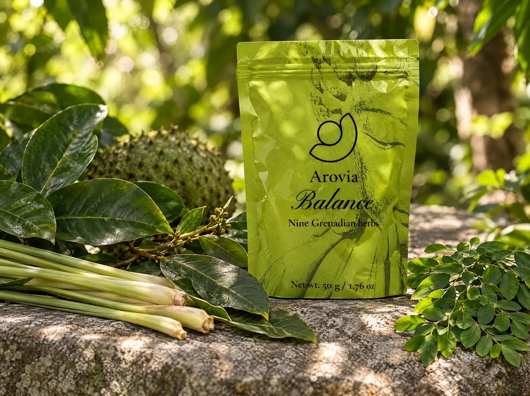 Arovia Balance pouch on stone among soursop, lemongrass and moringa