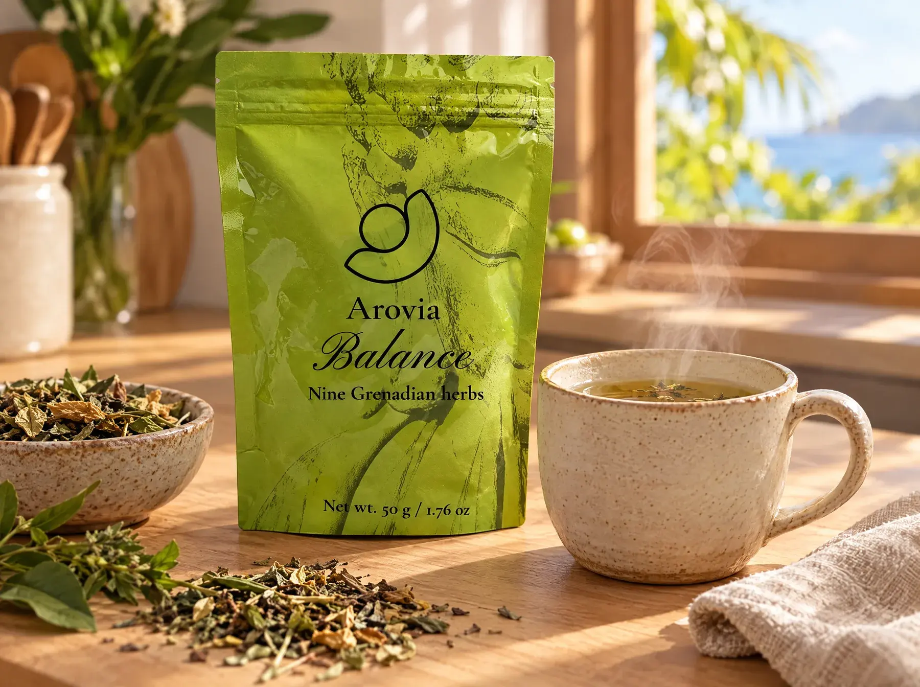 Arovia Balance pouch beside a cup of herbal tea on a sunlit kitchen table