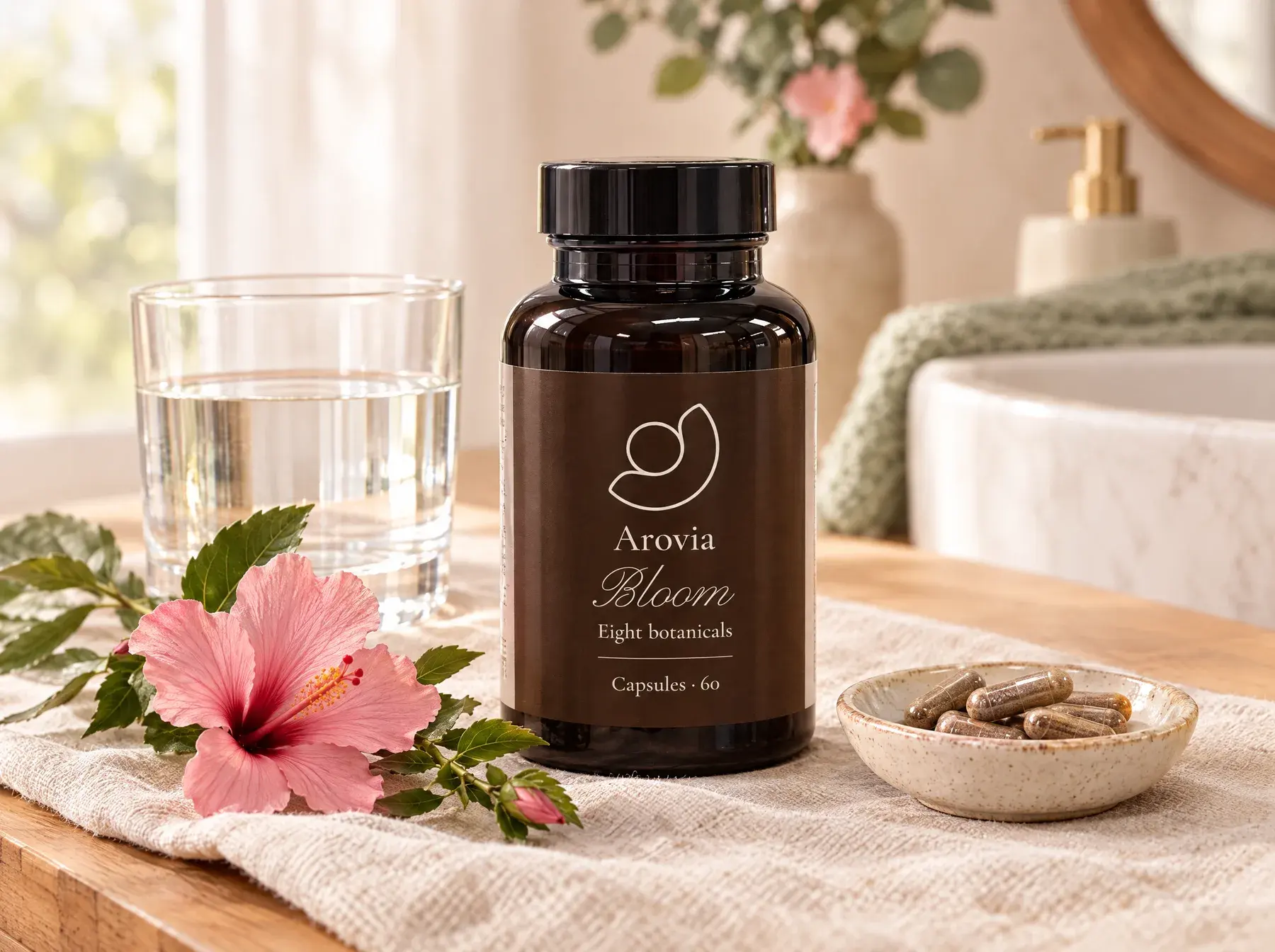 Arovia Bloom bottle on a bathroom shelf with a glass of water and hibiscus