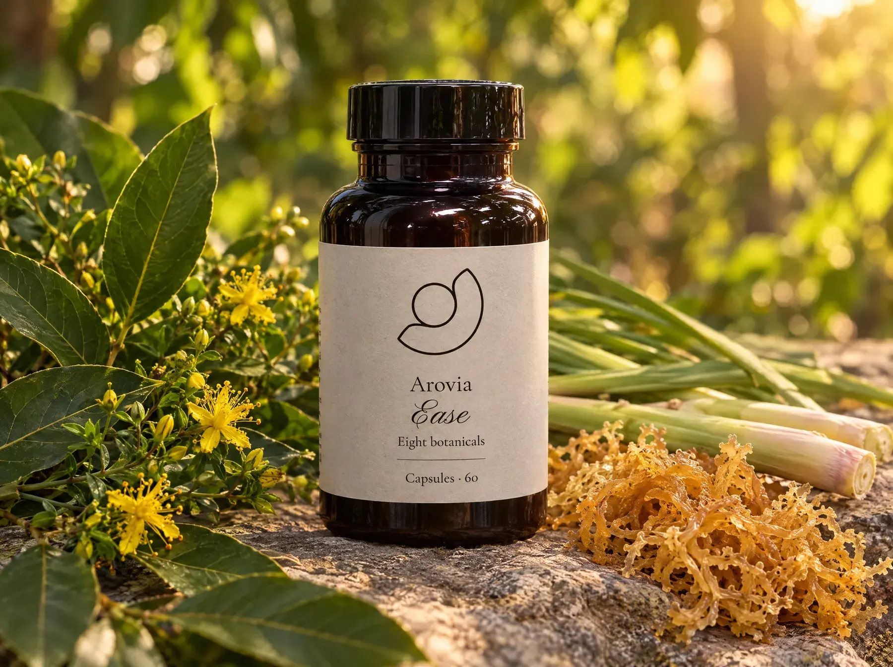 Arovia Ease bottle on stone among bay leaf, St. John's bush, lemongrass and sea moss