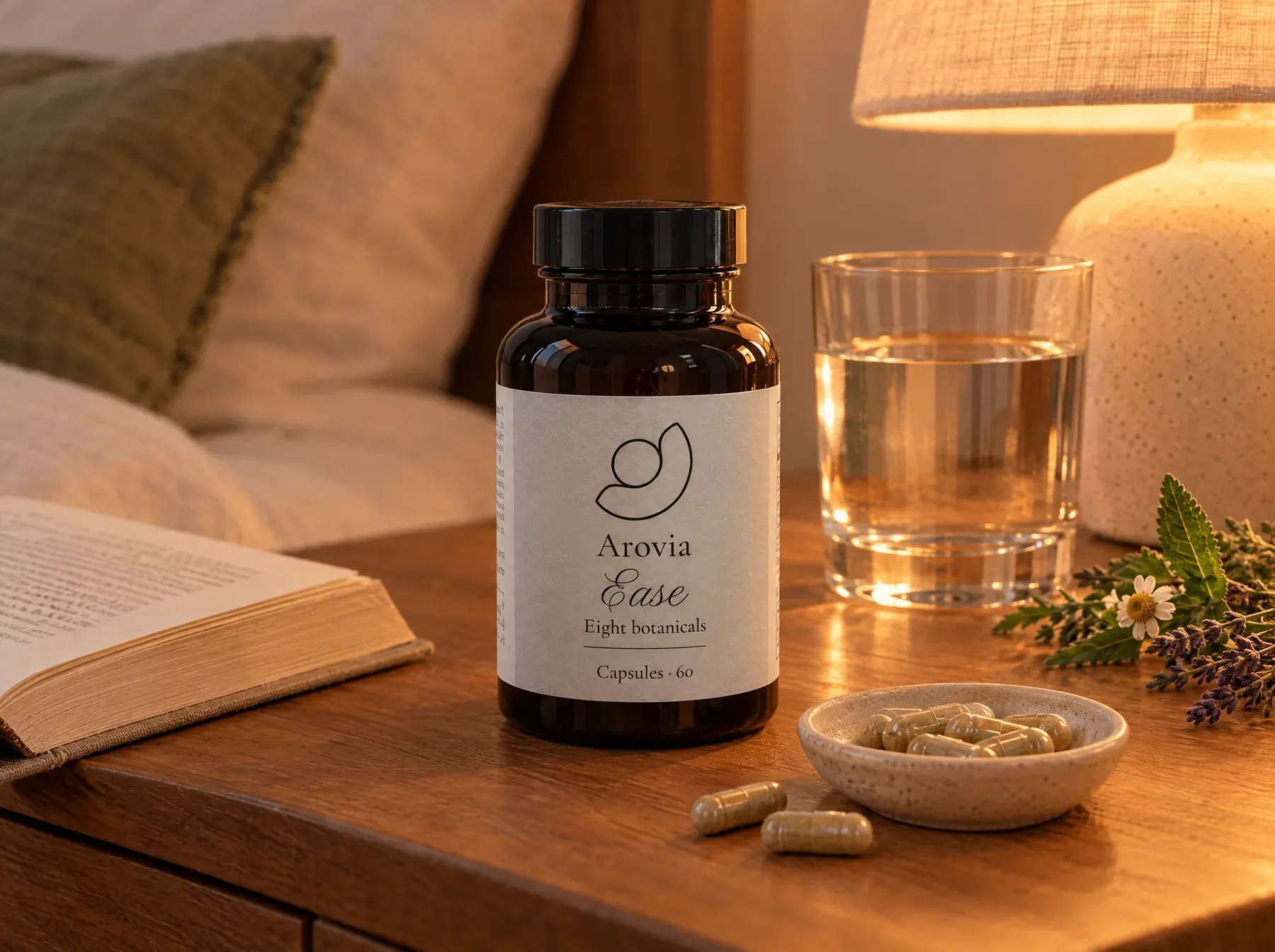 Arovia Ease bottle on a bedside table by lamplight with a glass of water and a book