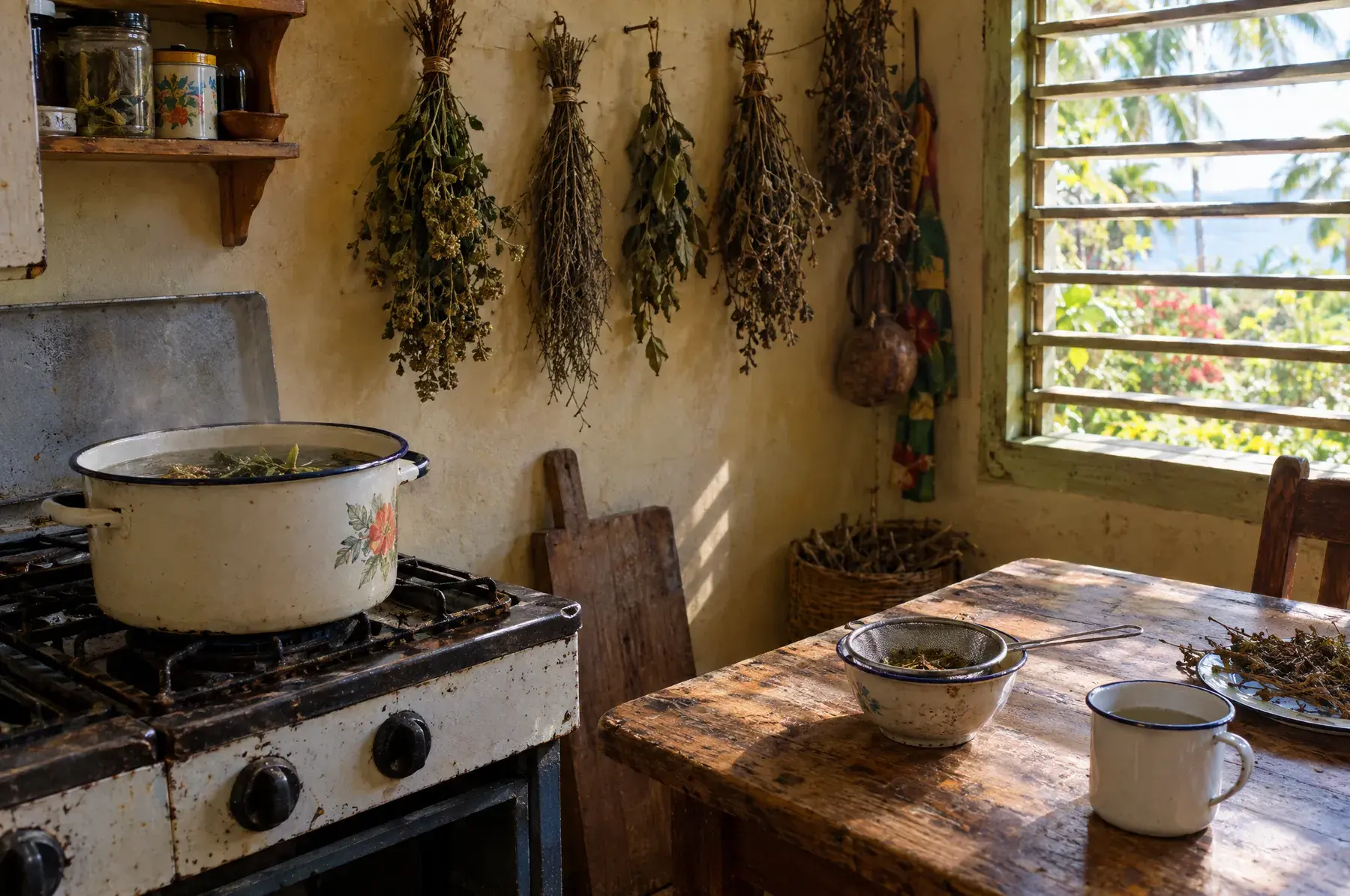 A pot of herbal tea steeping on a stove in a sunlit Caribbean kitchen, dried bush herbs hanging on the wall