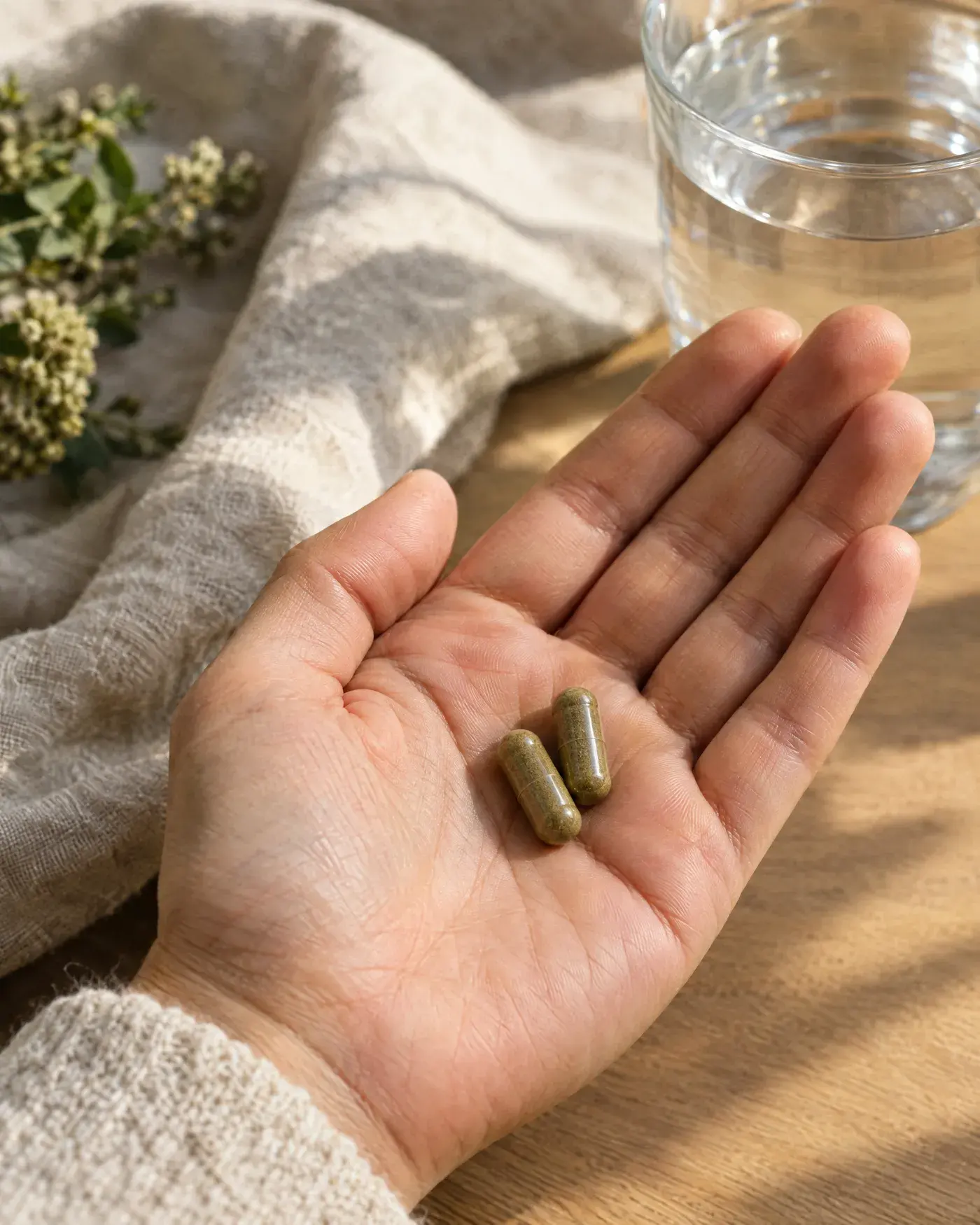 An open palm holding two olive-brown herbal capsules
