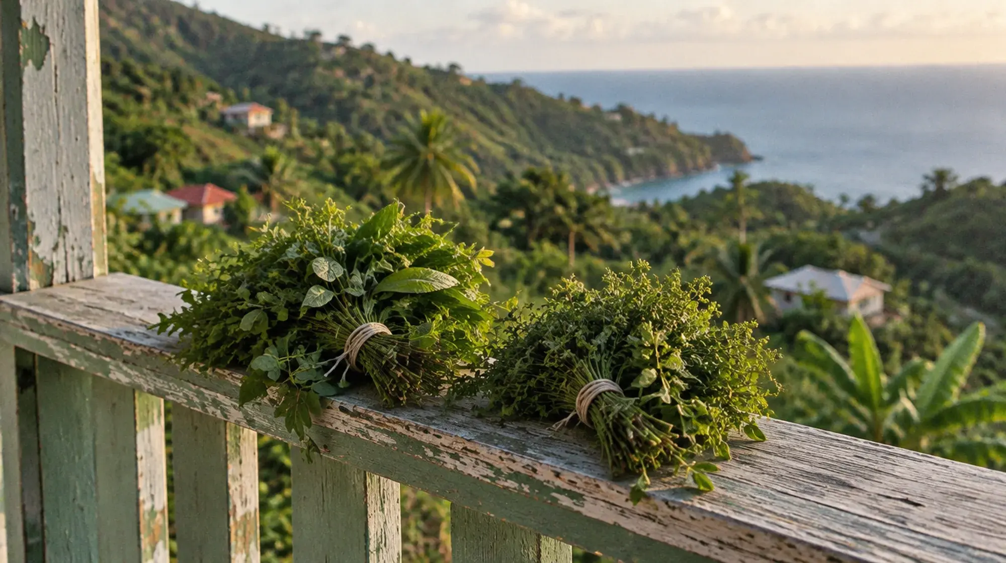 Bundles of freshly cut bush herbs on a veranda rail in Grenada, green hills and the sea beyond