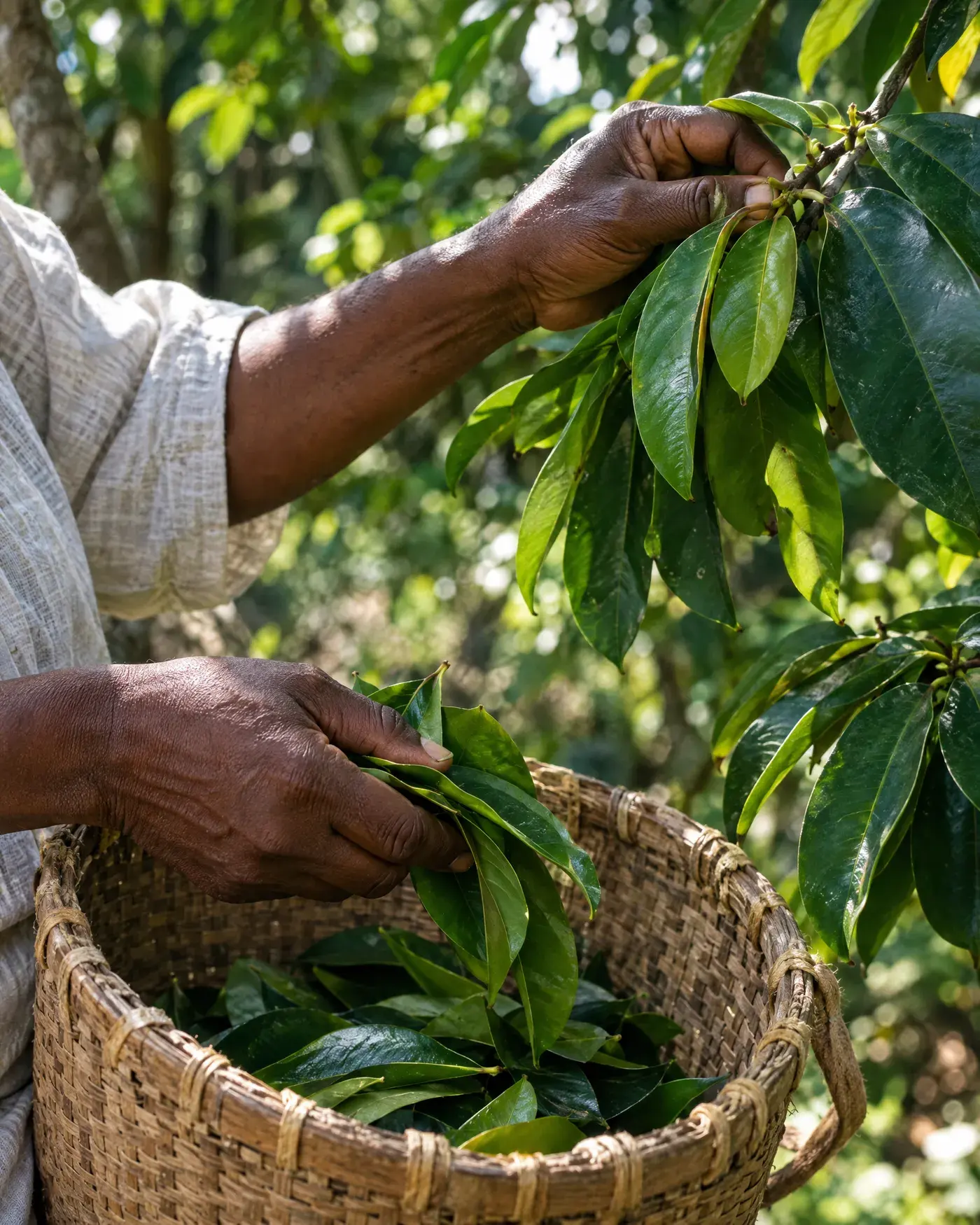 Hands picking fresh soursop leaves into a woven basket