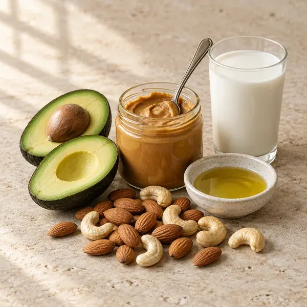 Avocado, nut butter, olive oil, whole milk and nuts