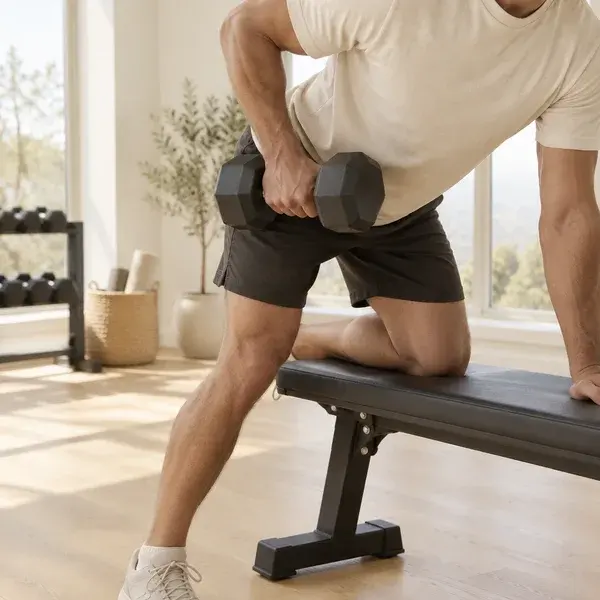 A dumbbell row in a bright home gym