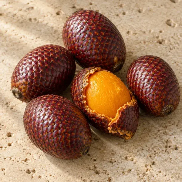 Scaly aguaje fruits, one peeled to its orange flesh