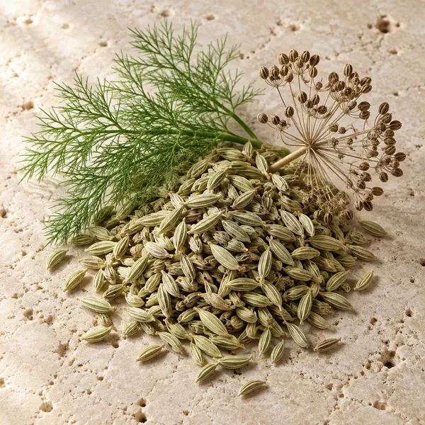 Fennel seeds with a feathery frond