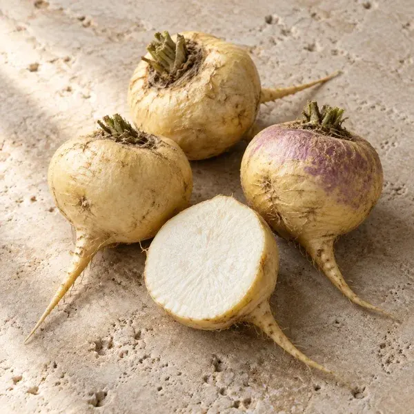 Whole maca roots, one cut in half