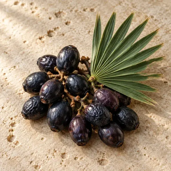 Dark saw palmetto berries beside a palmetto leaf