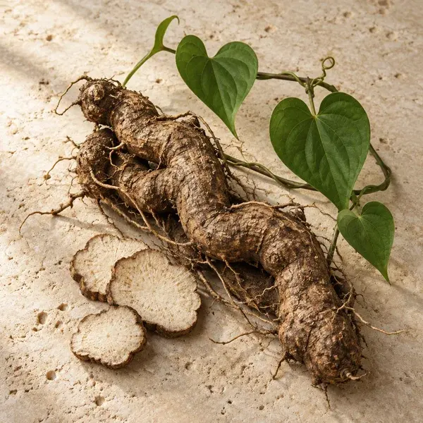 A knobbly wild yam rhizome with heart-shaped leaves