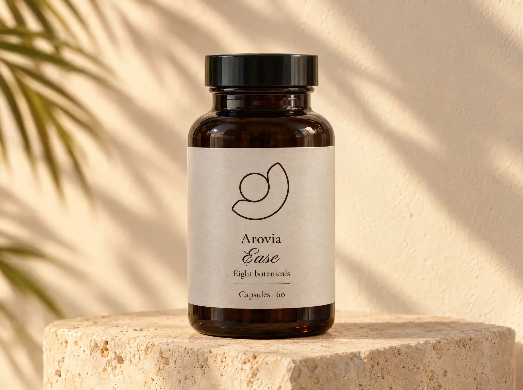 Arovia Ease capsule bottle on a travertine plinth in golden afternoon light