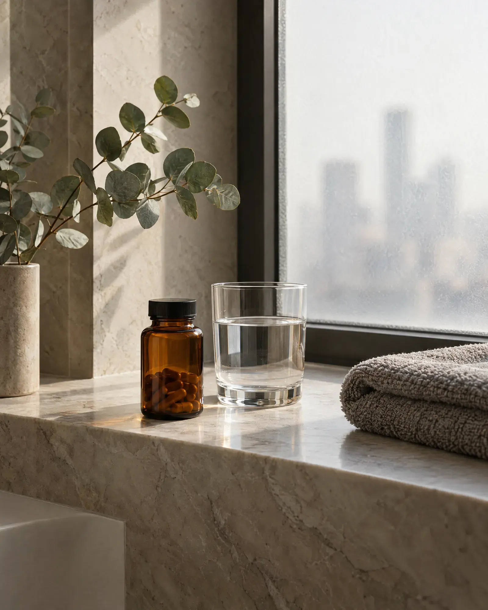 An amber supplement bottle and a glass of water on a marble bathroom ledge