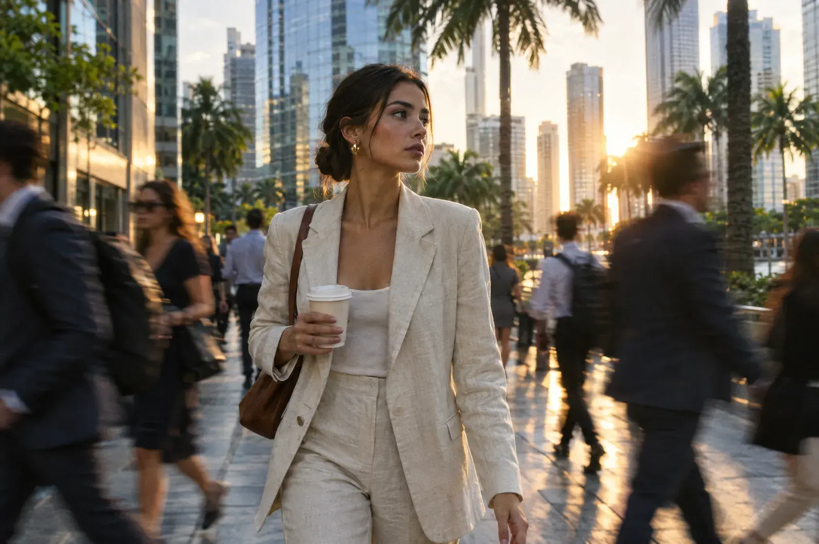 A woman walking through a city business district at golden hour with a cup