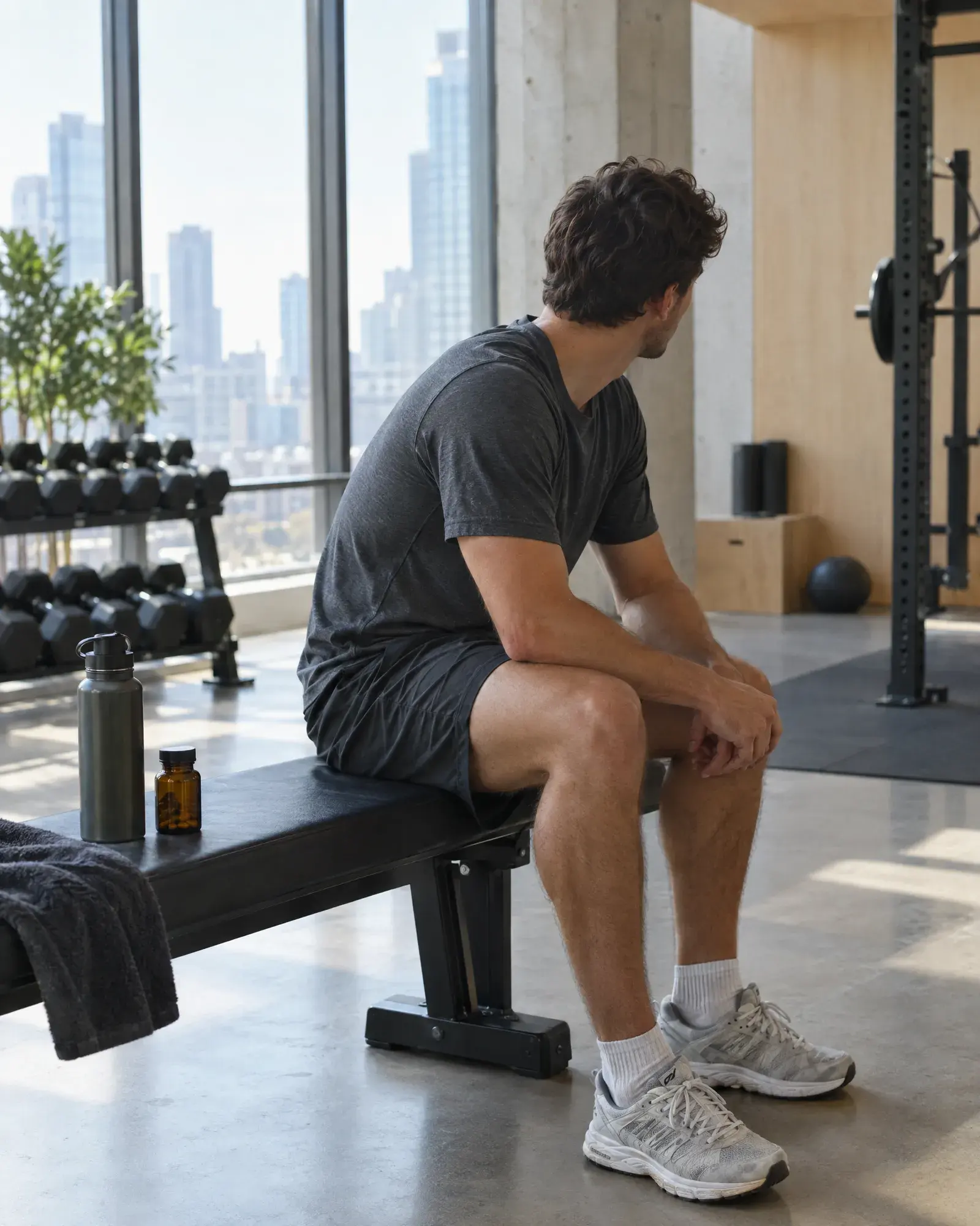 A man resting on a bench in a bright city gym, water bottle beside him
