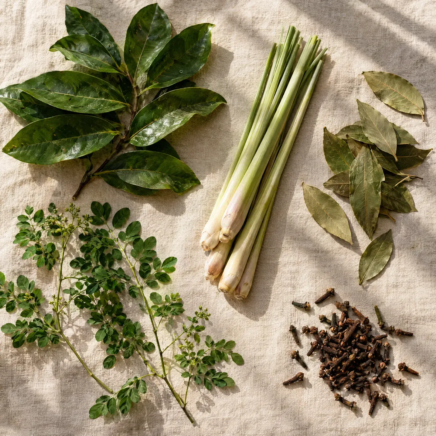 Freshly picked tropical herbs drying on linen in the sun